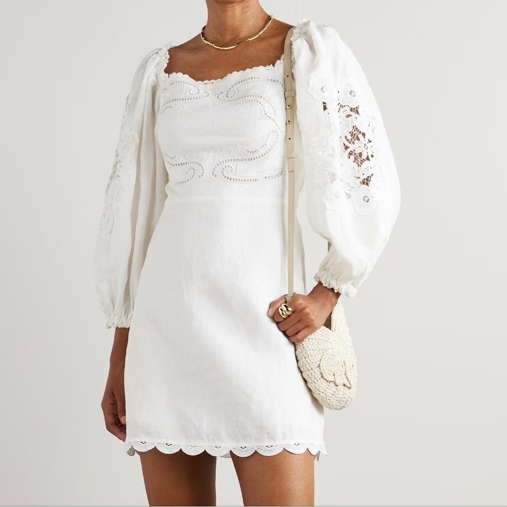 FARM RIO Scalloped Broderie Mini Dress sz Large L Anglaise-trimmed Linen Cream